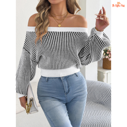 Elegant off-shoulder striped knit sweater for women featuring lantern sleeves, slash neckline, and heavyweight autumn knit in orange and burgundy tones.