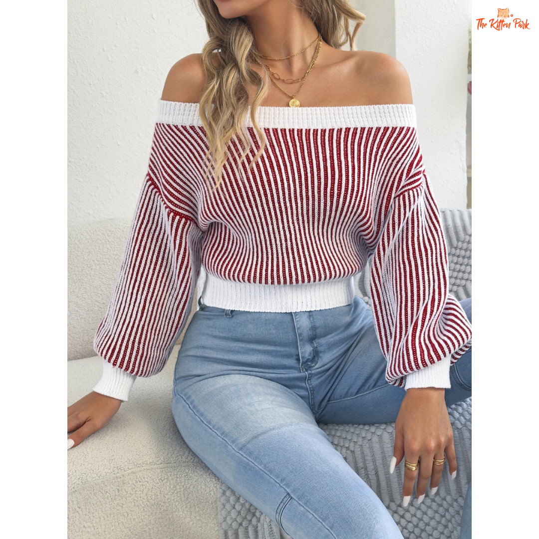 Elegant off-shoulder striped knit sweater for women featuring lantern sleeves, slash neckline, and heavyweight autumn knit in orange and burgundy tones.