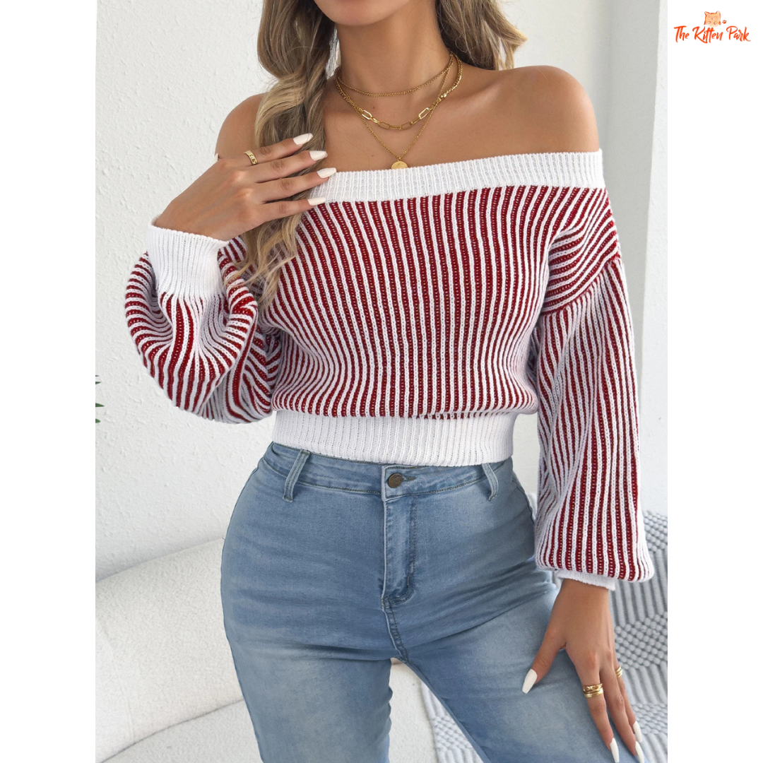 Elegant off-shoulder striped knit sweater for women featuring lantern sleeves, slash neckline, and heavyweight autumn knit in orange and burgundy tones.