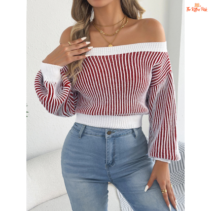 Elegant off-shoulder striped knit sweater for women featuring lantern sleeves, slash neckline, and heavyweight autumn knit in orange and burgundy tones.