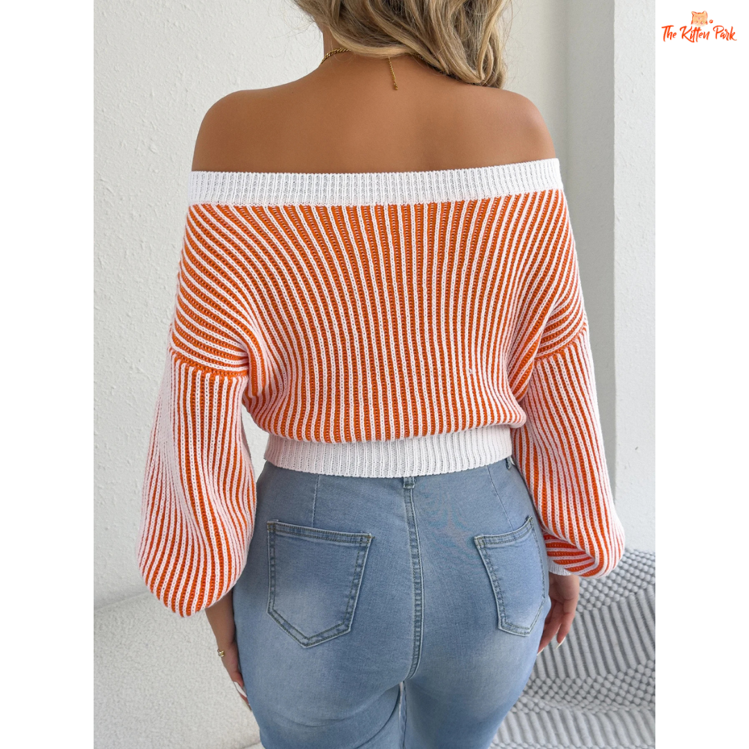 Elegant off-shoulder striped knit sweater for women featuring lantern sleeves, slash neckline, and heavyweight autumn knit in orange and burgundy tones.