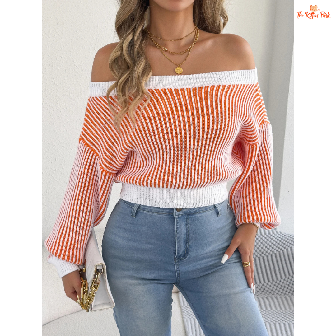 Elegant off-shoulder striped knit sweater for women featuring lantern sleeves, slash neckline, and heavyweight autumn knit in orange and burgundy tones.