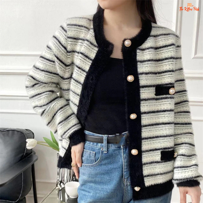 Elegant Pearl Cardigan Women 2026 – Single Breasted Faux Mink Knit Sweater with pearl decoration, polyester fabric, and O-neck design for autumn/winter.