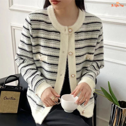 Elegant Pearl Cardigan Women 2026 – Single Breasted Faux Mink Knit Sweater with pearl decoration, polyester fabric, and O-neck design for autumn/winter.