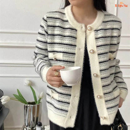 Elegant Pearl Cardigan Women 2026 – Single Breasted Faux Mink Knit Sweater with pearl decoration, polyester fabric, and O-neck design for autumn/winter.
