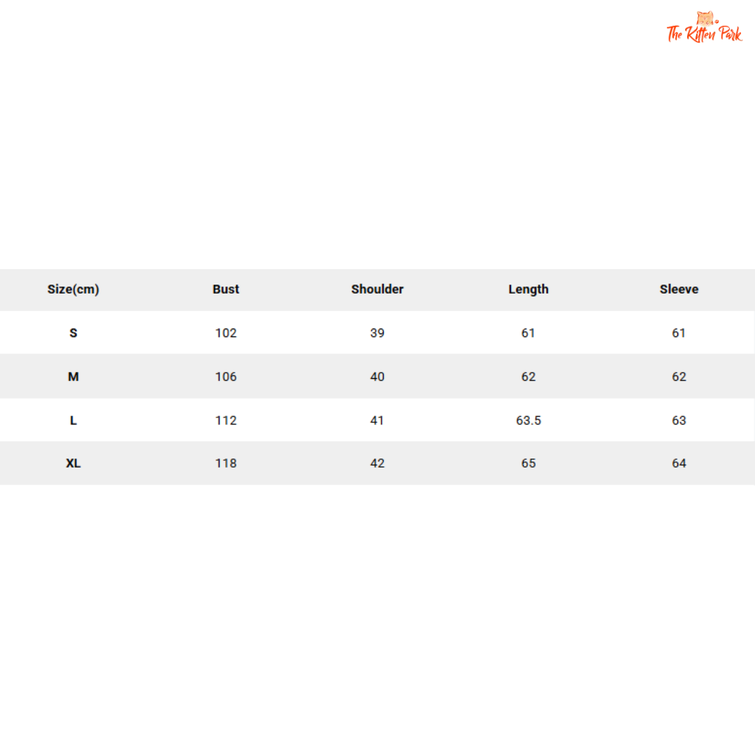 Size chart for clothing with measurements in centimeters