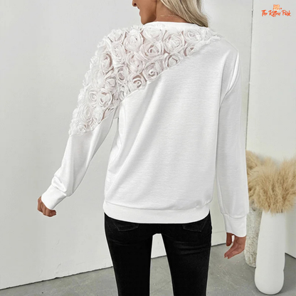 Elegant Rose 3D Flower Sweatshirt with solid color design, long sleeves, and delicate rose embellishment for a feminine autumn/winter style.