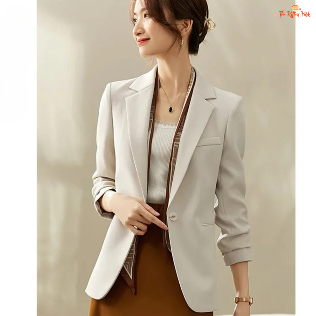 Elegant women’s office blazer with single-button closure, turn-down collar, pockets, and wide-waist fit in polyester-spandex for all-season wear.