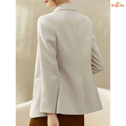 Elegant women’s office blazer with single-button closure, turn-down collar, pockets, and wide-waist fit in polyester-spandex for all-season wear.
