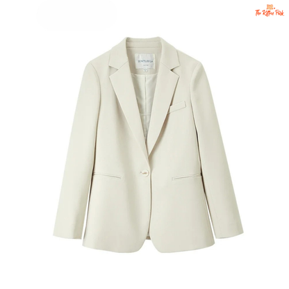 Elegant women’s office blazer with single-button closure, turn-down collar, pockets, and wide-waist fit in polyester-spandex for all-season wear.