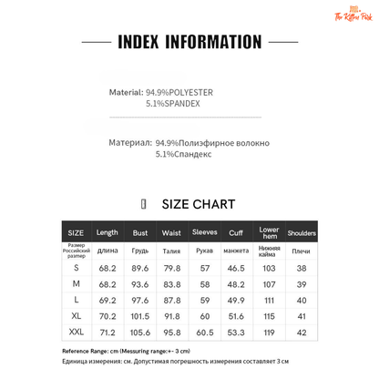 Size chart for clothing with material information on a white background