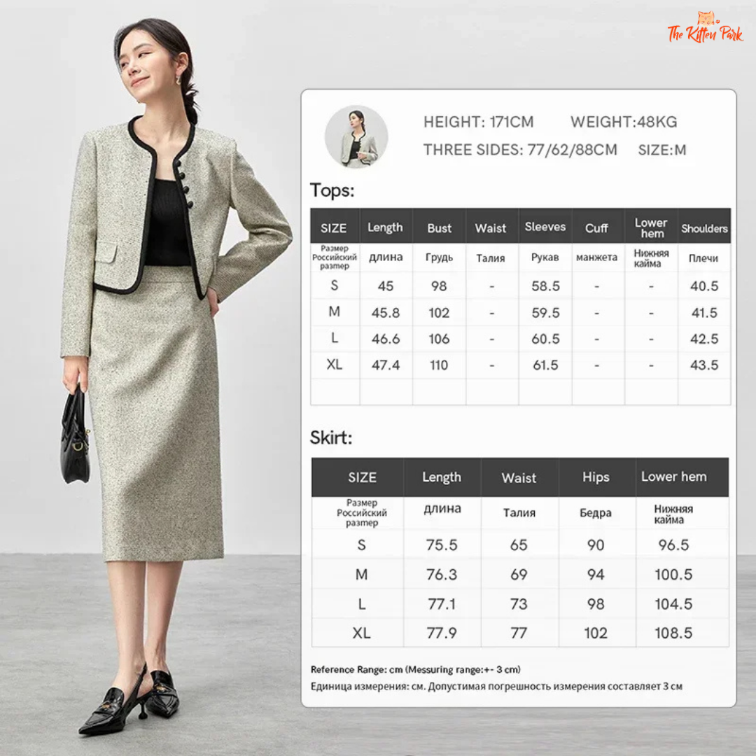 Elegant women’s tweed two-piece skirt set in off-white with contrast trim, featuring a single-breasted jacket and mid-calf skirt for autumn and winter wear.