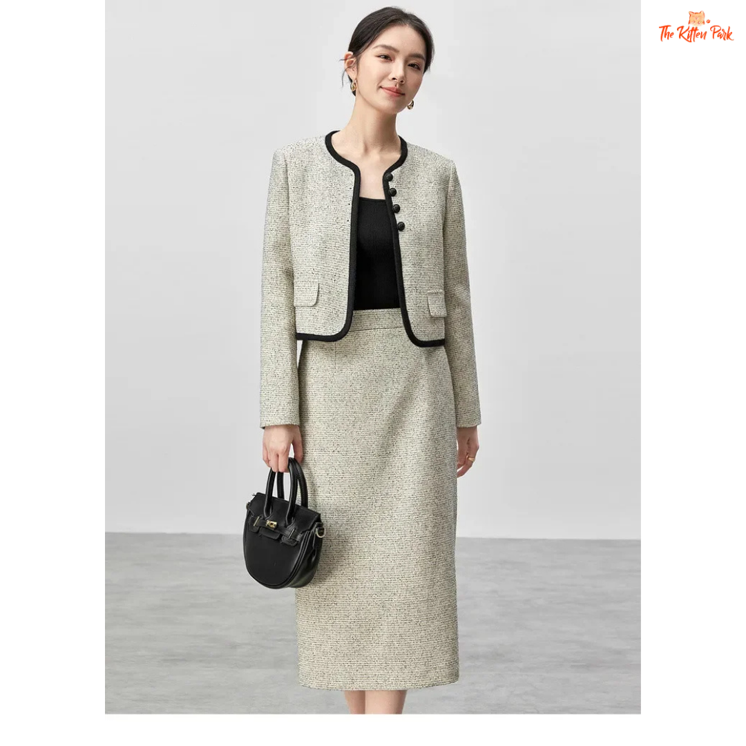 Elegant women’s tweed two-piece skirt set in off-white with contrast trim, featuring a single-breasted jacket and mid-calf skirt for autumn and winter wear.