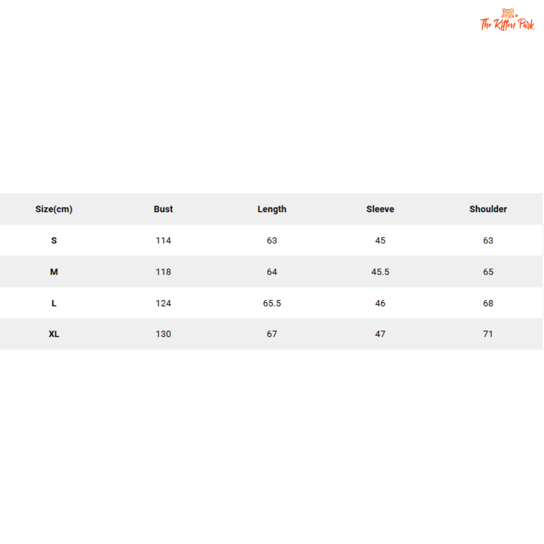 Size chart for clothing with measurements in centimeters