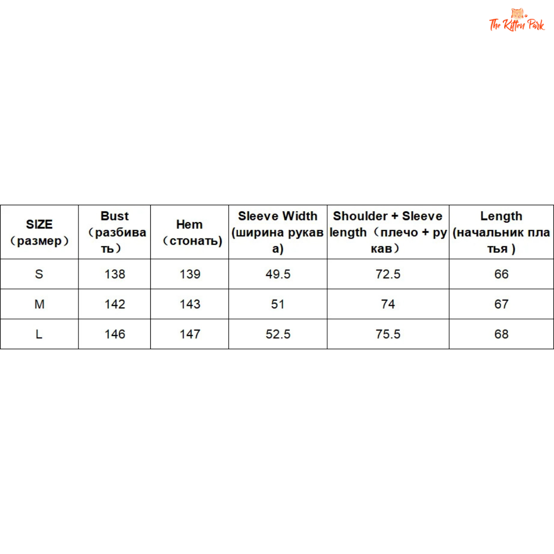 Measurement chart for clothing sizes S, M, and L with various dimensions.