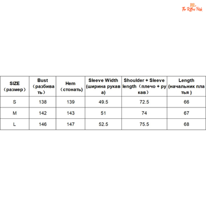 Measurement chart for clothing sizes S, M, and L with various dimensions.