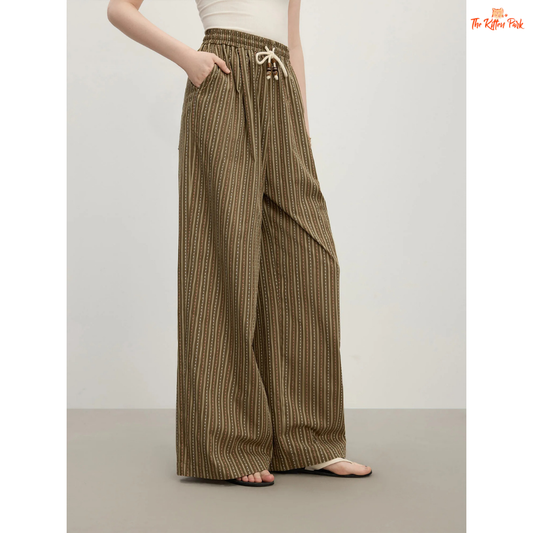 High-waisted striped wide-leg summer trousers for women, made of breathable cotton-viscose blend with a casual office-ready style.