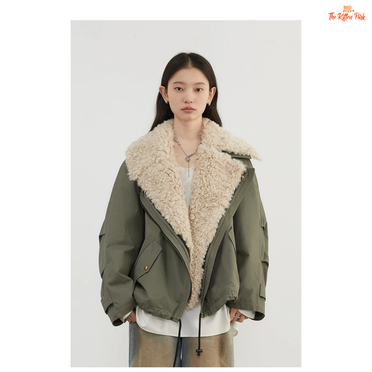 Warm thick cotton streetwear coat for women with turn-down collar, zipper closure, and pockets in a loose retro fit.