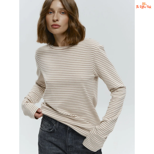 Women's striped long sleeve tee made of cotton and spandex, featuring a round neckline and regular fit — ideal for casual or office wear in cooler seasons.