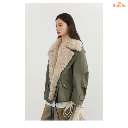 Warm thick cotton streetwear coat for women with turn-down collar, zipper closure, and pockets in a loose retro fit.