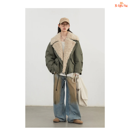 Warm thick cotton streetwear coat for women with turn-down collar, zipper closure, and pockets in a loose retro fit.