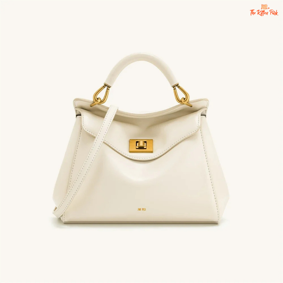Stylish light luxury women's shoulder bag with lock closure, PU texture, baguette shape, and elegant gold chain accent in soft red and beige tones.