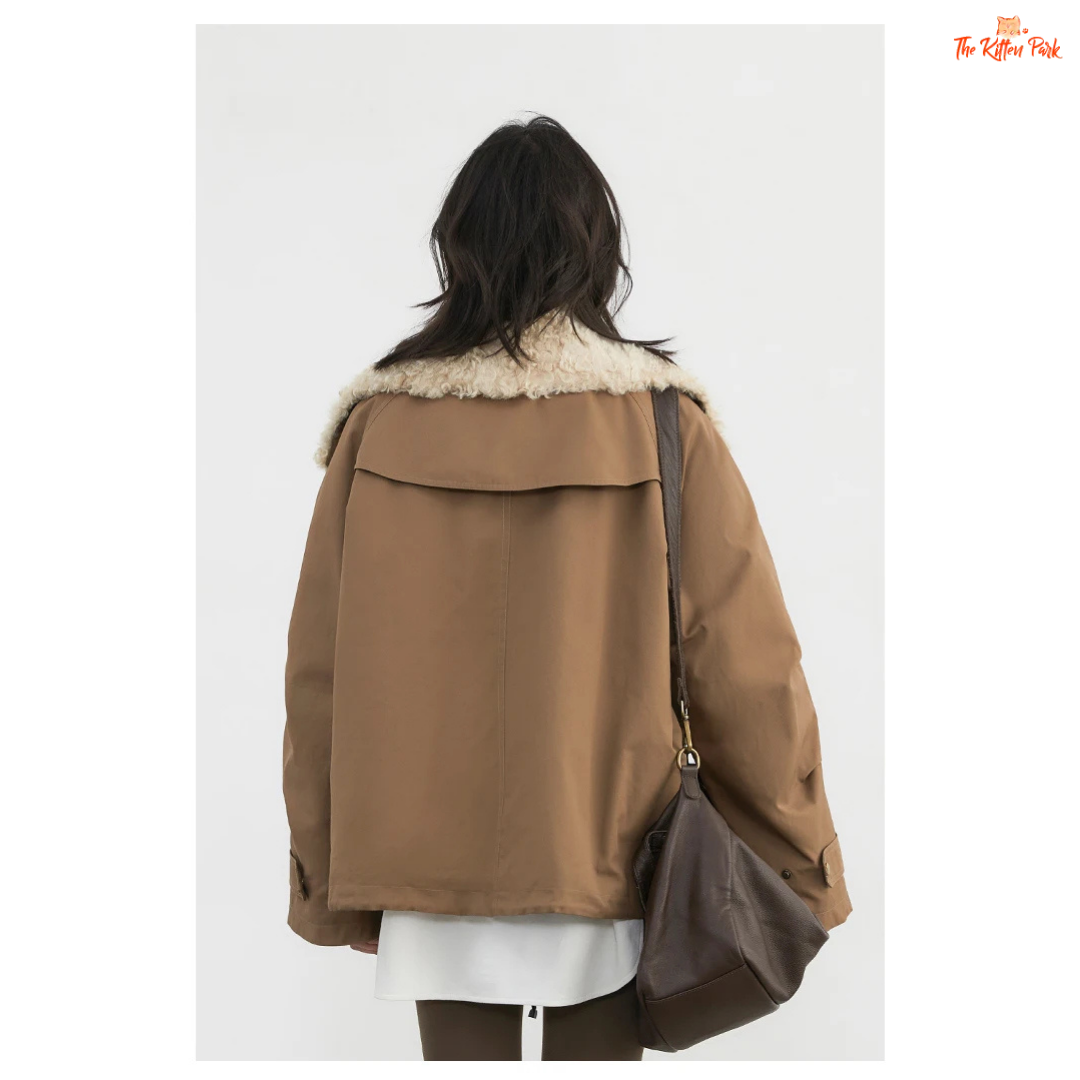 Warm thick cotton streetwear coat for women with turn-down collar, zipper closure, and pockets in a loose retro fit.