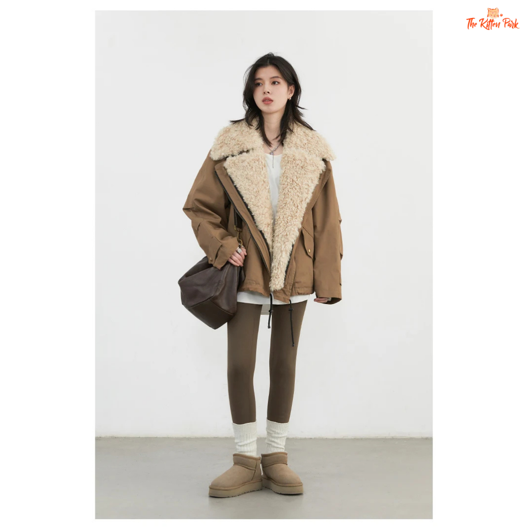 Warm thick cotton streetwear coat for women with turn-down collar, zipper closure, and pockets in a loose retro fit.