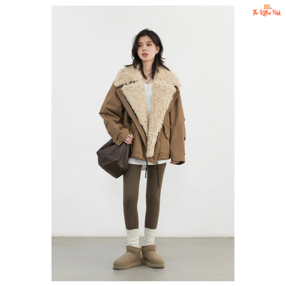 Warm thick cotton streetwear coat for women with turn-down collar, zipper closure, and pockets in a loose retro fit.