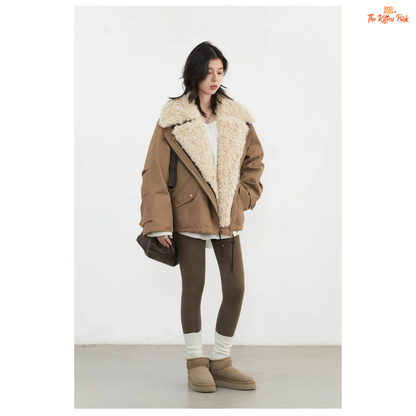 Warm thick cotton streetwear coat for women with turn-down collar, zipper closure, and pockets in a loose retro fit.