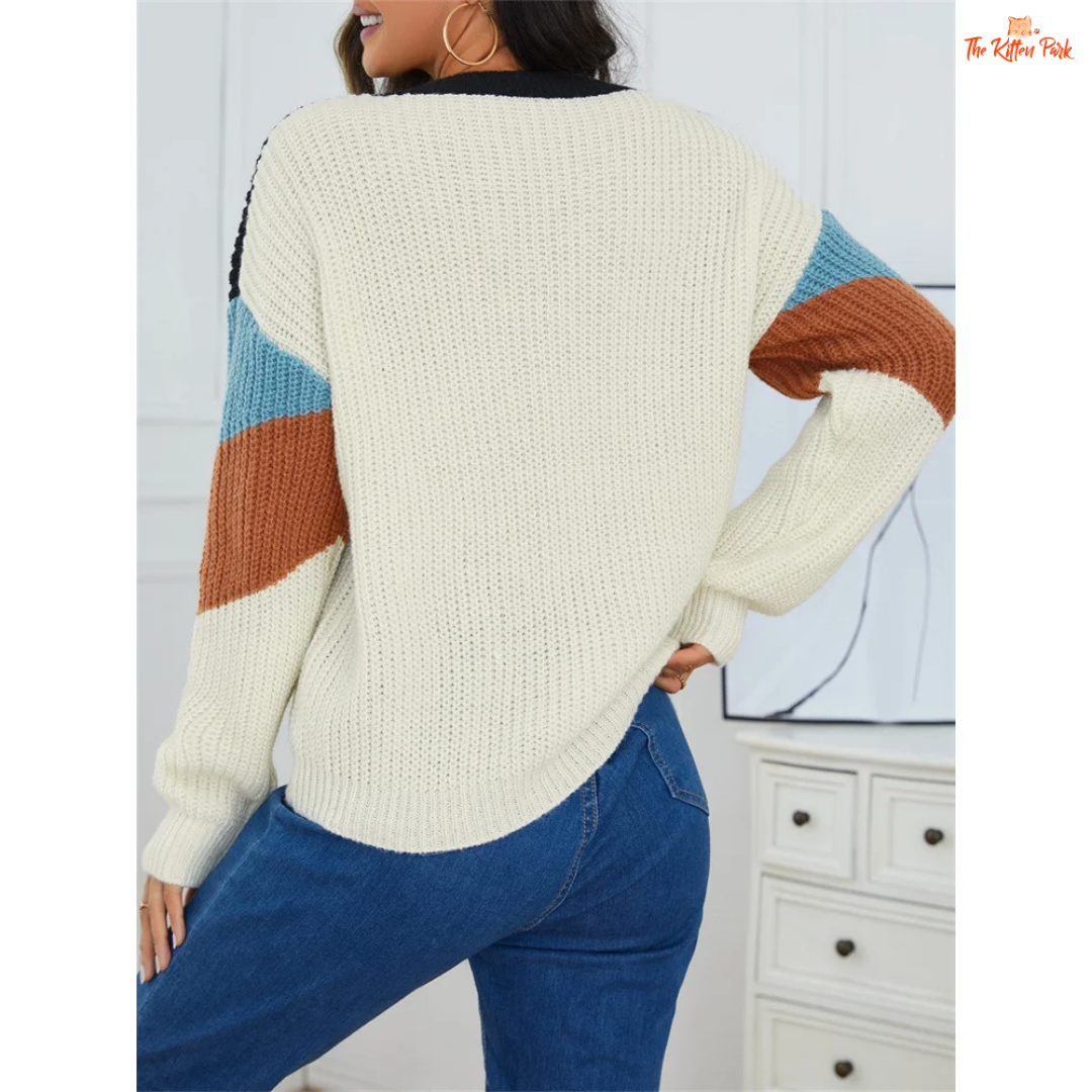 Fashion striped splicing color knit sweater for women featuring plaid-inspired pattern, O-neck design, and heavyweight knit for autumn and winter comfort.