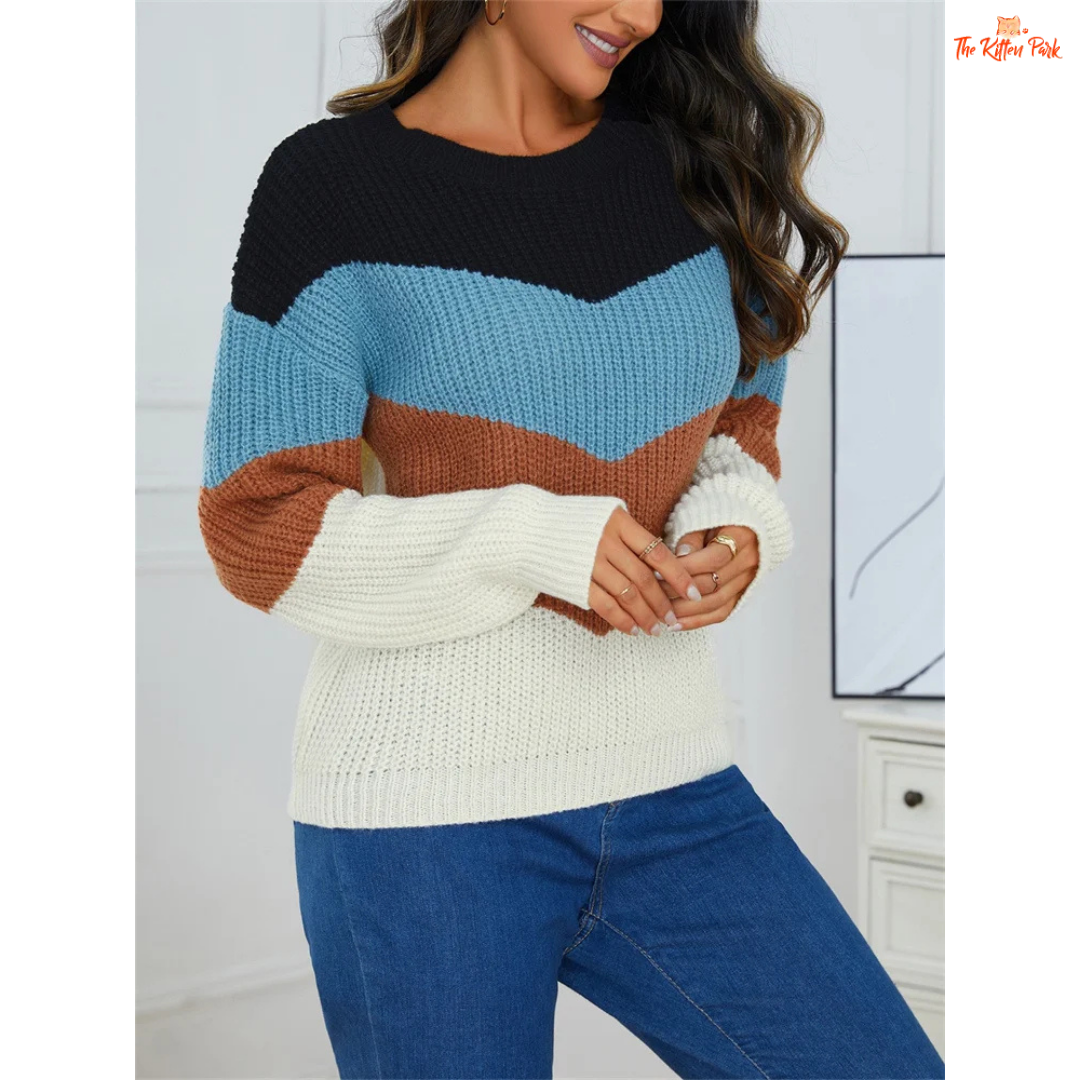 Fashion striped splicing color knit sweater for women featuring plaid-inspired pattern, O-neck design, and heavyweight knit for autumn and winter comfort.