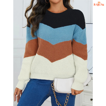 Fashion striped splicing color knit sweater for women featuring plaid-inspired pattern, O-neck design, and heavyweight knit for autumn and winter comfort.
