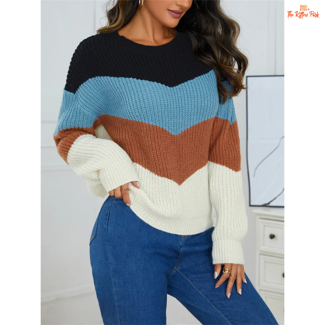 Fashion striped splicing color knit sweater for women featuring plaid-inspired pattern, O-neck design, and heavyweight knit for autumn and winter comfort.