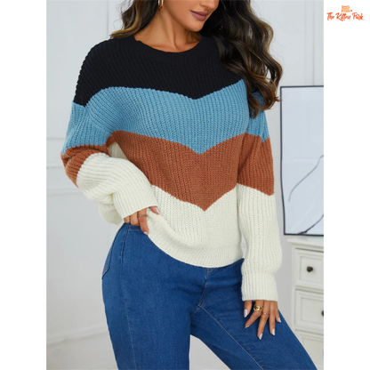 Fashion striped splicing color knit sweater for women featuring plaid-inspired pattern, O-neck design, and heavyweight knit for autumn and winter comfort.