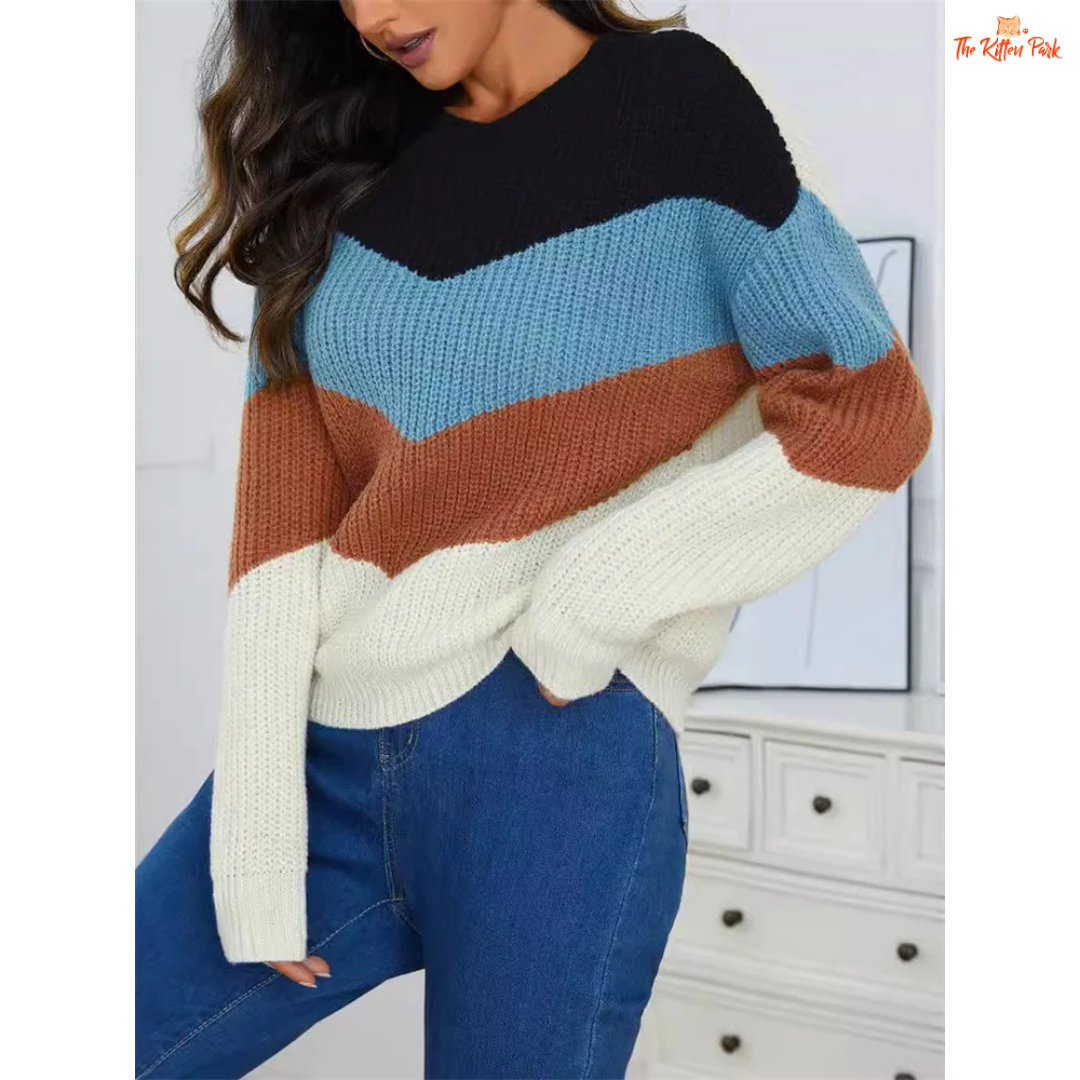 Fashion striped splicing color knit sweater for women featuring plaid-inspired pattern, O-neck design, and heavyweight knit for autumn and winter comfort.