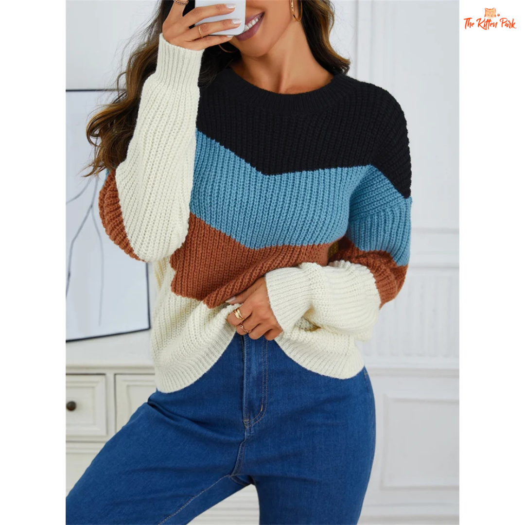 Fashion striped splicing color knit sweater for women featuring plaid-inspired pattern, O-neck design, and heavyweight knit for autumn and winter comfort.
