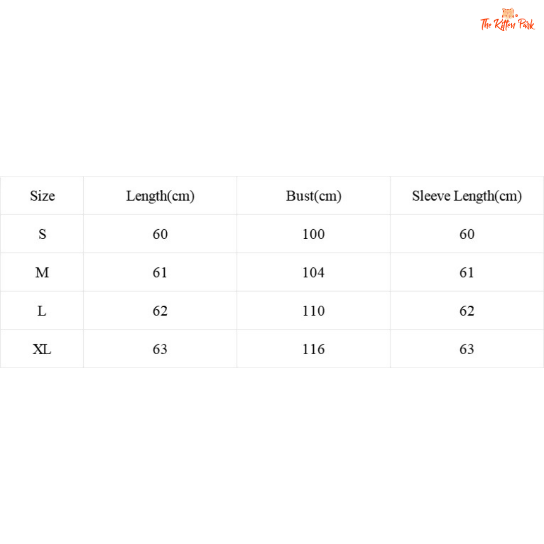 Size chart for clothing with measurements in centimeters