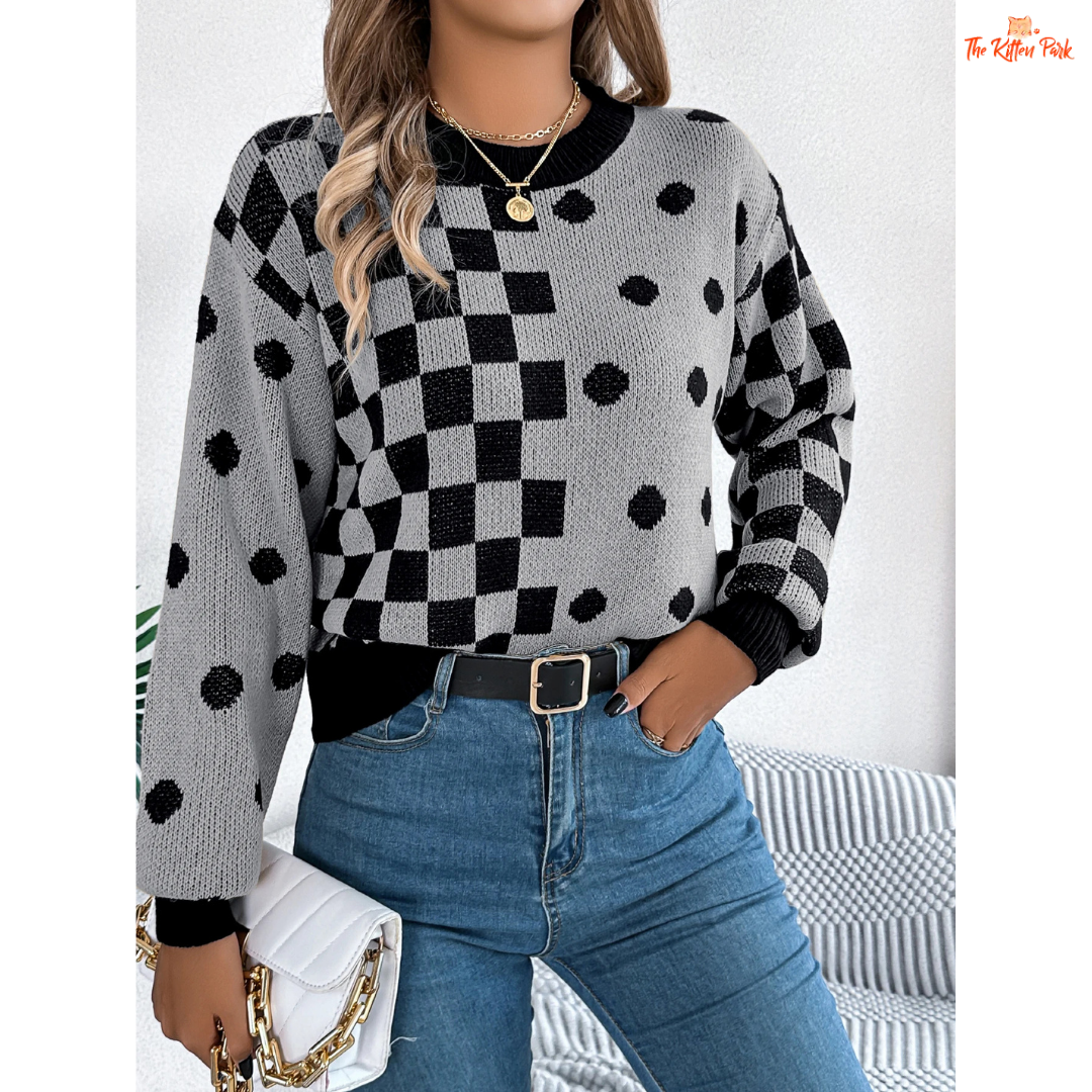 Women’s Festive Grid Dot Sweater featuring plaid knit design with Christmas decoration, warm heavyweight acrylic material, and regular fit pullover style in camel brown tones.