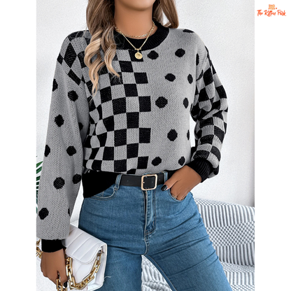 Women’s Festive Grid Dot Sweater featuring plaid knit design with Christmas decoration, warm heavyweight acrylic material, and regular fit pullover style in camel brown tones.