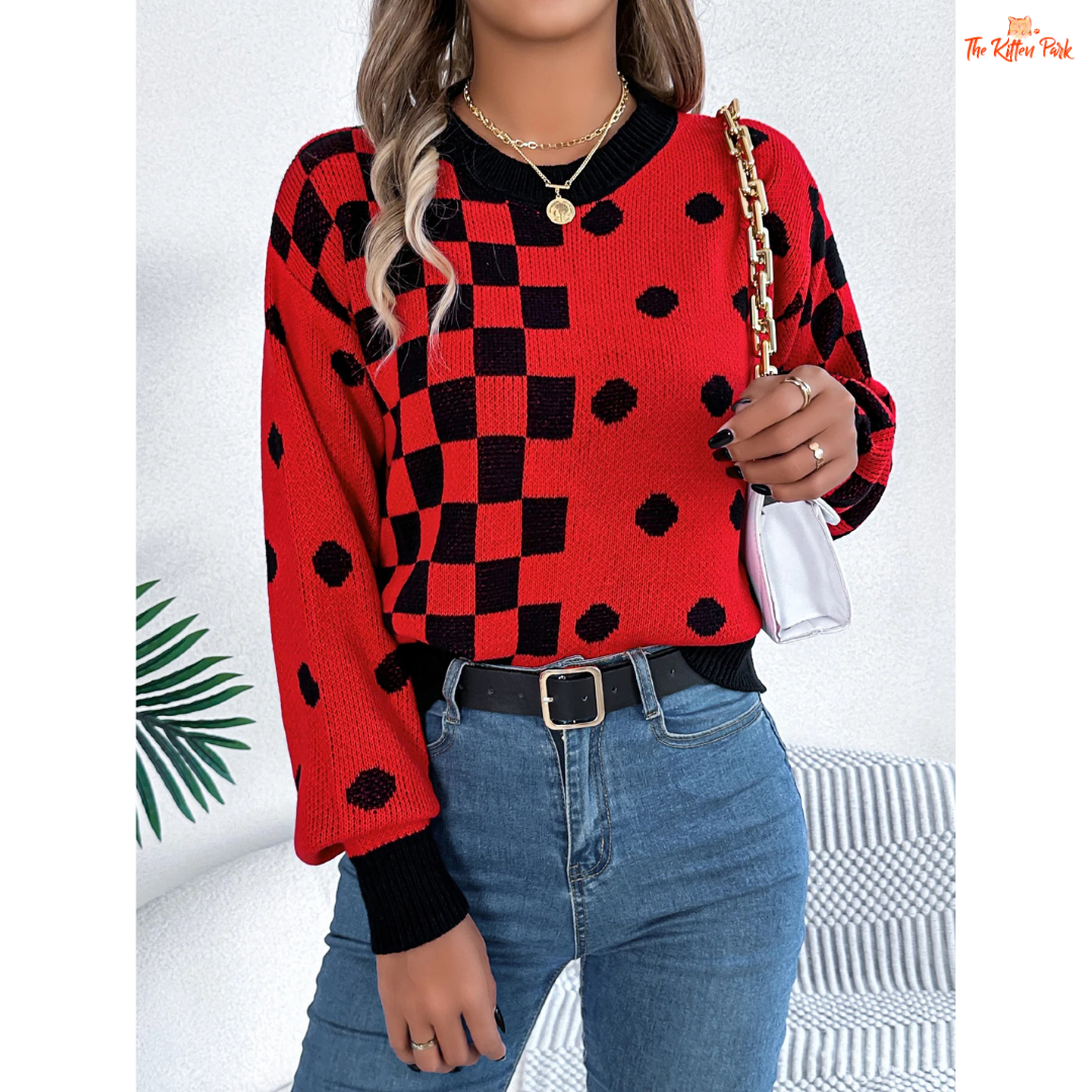 Women’s Festive Grid Dot Sweater featuring plaid knit design with Christmas decoration, warm heavyweight acrylic material, and regular fit pullover style in camel brown tones.