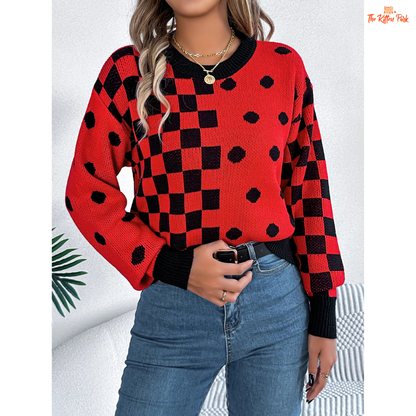 Women’s Festive Grid Dot Sweater featuring plaid knit design with Christmas decoration, warm heavyweight acrylic material, and regular fit pullover style in camel brown tones.