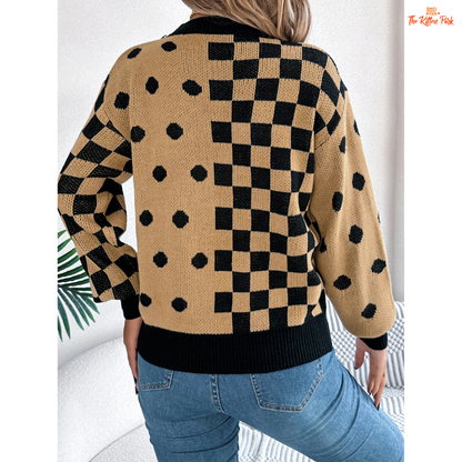 Women’s Festive Grid Dot Sweater featuring plaid knit design with Christmas decoration, warm heavyweight acrylic material, and regular fit pullover style in camel brown tones.