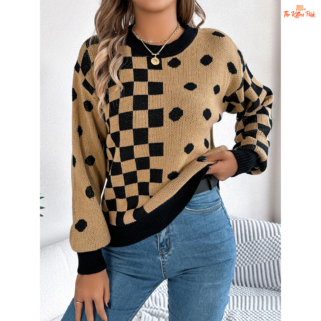 Women’s Festive Grid Dot Sweater featuring plaid knit design with Christmas decoration, warm heavyweight acrylic material, and regular fit pullover style in camel brown tones.
