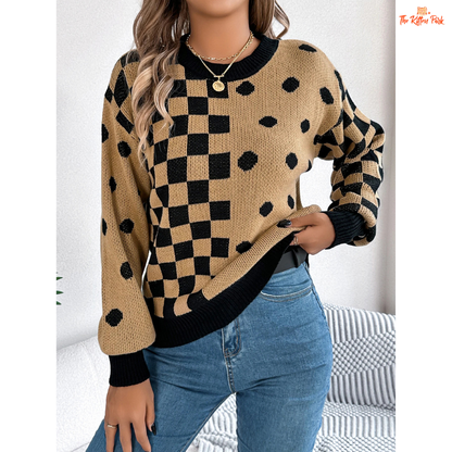 Women’s Festive Grid Dot Sweater featuring plaid knit design with Christmas decoration, warm heavyweight acrylic material, and regular fit pullover style in camel brown tones.