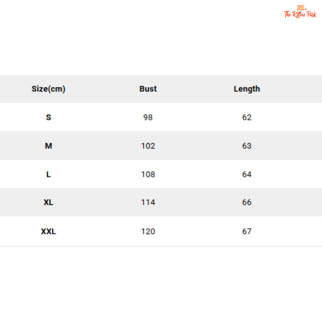 Size chart for clothing with bust and length measurements in centimeters.
