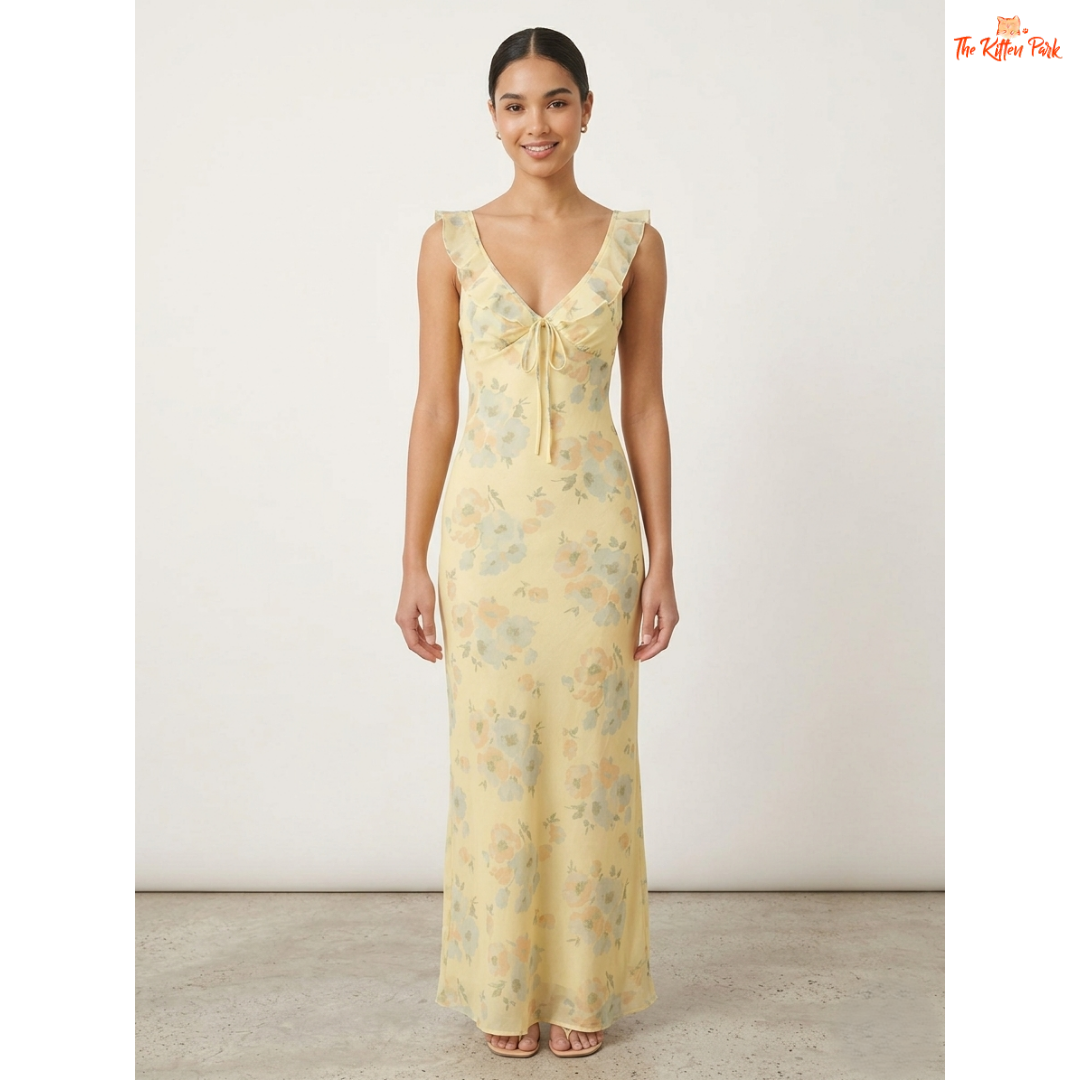 Floral plunge maxi dress with deep V-neck, backless design, ruffle details, and slim coquette summer silhouette.