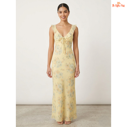 Floral plunge maxi dress with deep V-neck, backless design, ruffle details, and slim coquette summer silhouette.