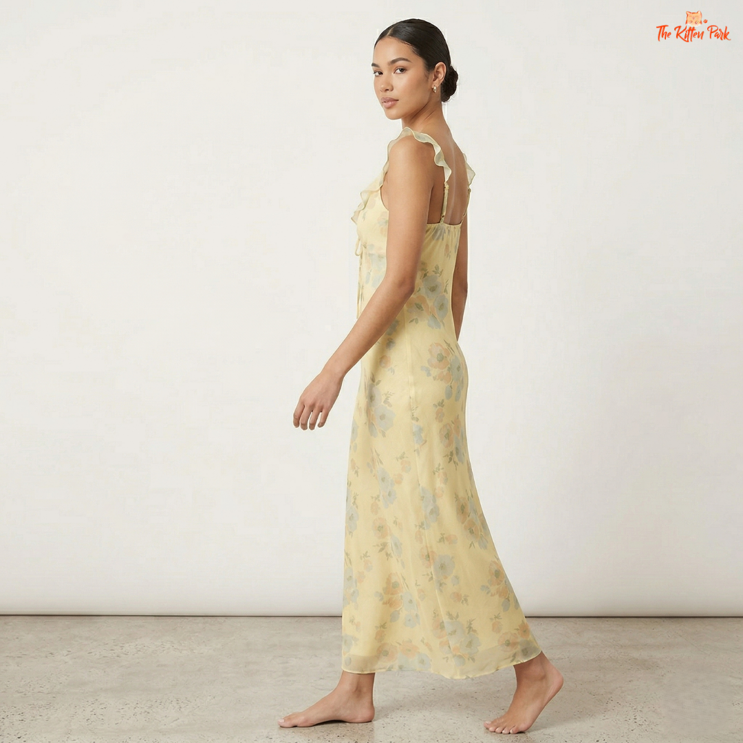 Floral plunge maxi dress with deep V-neck, backless design, ruffle details, and slim coquette summer silhouette.