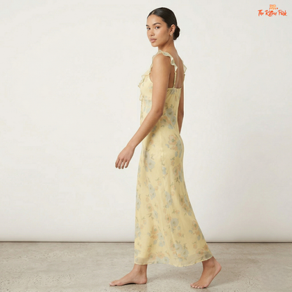 Floral plunge maxi dress with deep V-neck, backless design, ruffle details, and slim coquette summer silhouette.